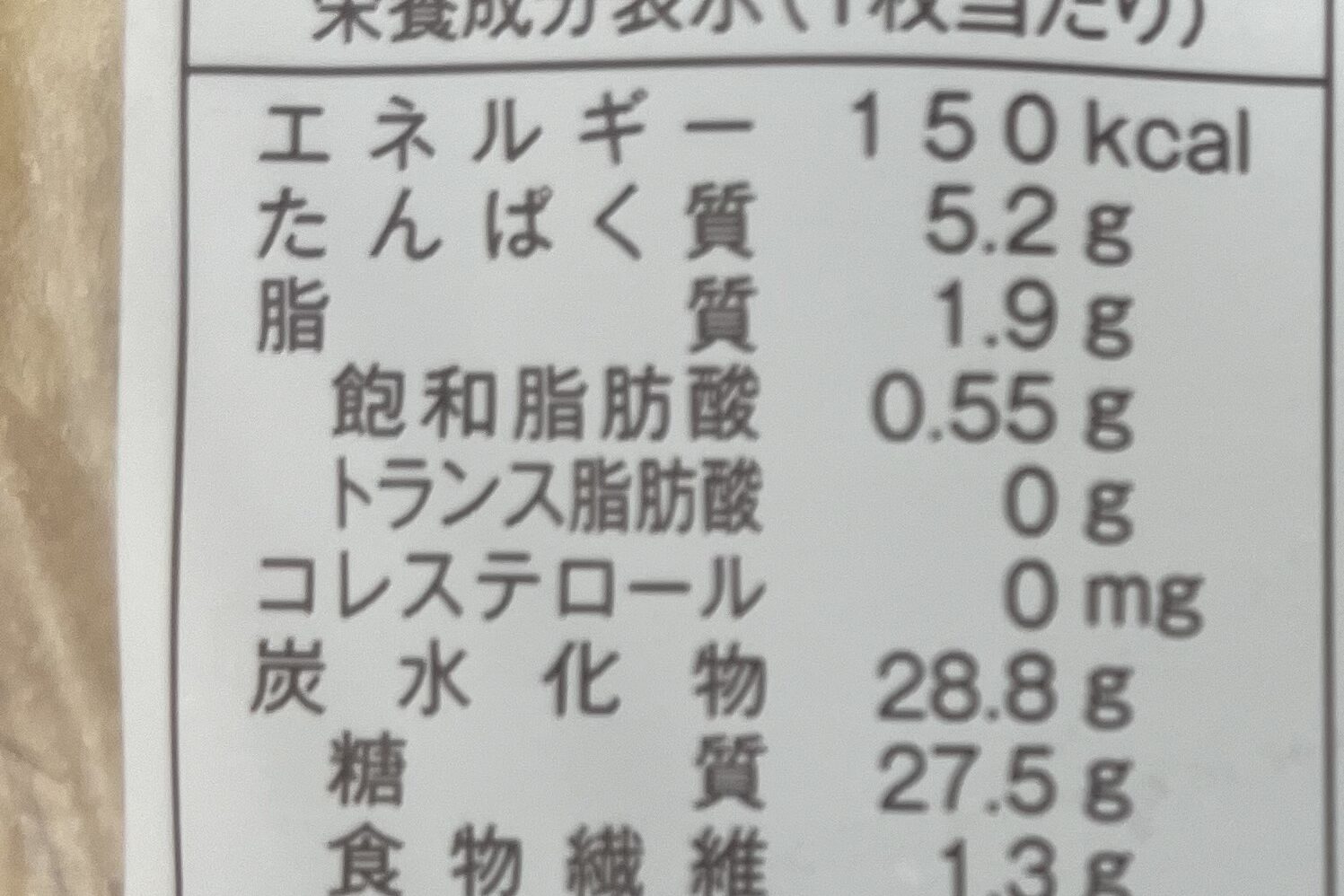 普通の食パンの栄養成分表示